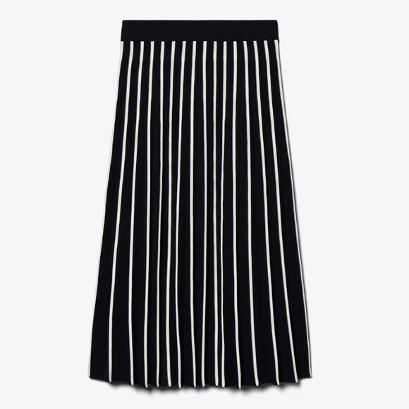 Tory Burch Pleated Tech Knit Skirt Black and White Vertical Stripe - Picture 1 of 4
